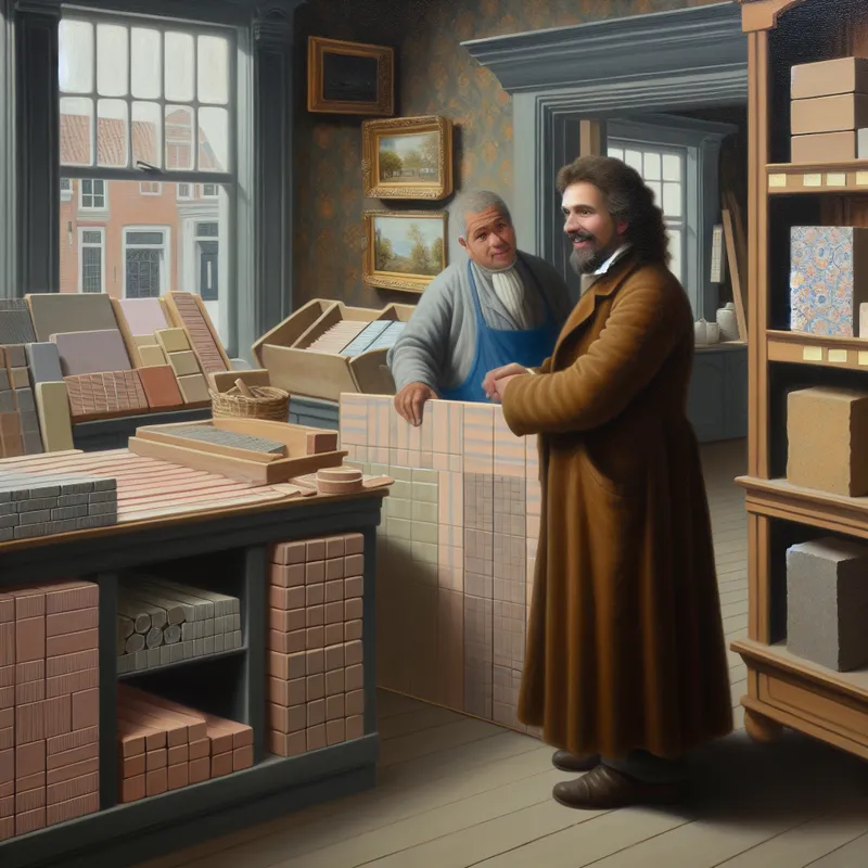 Een vriendelijke breker verkoopt bouwmaterialen aan een klant in een charmante winkel.