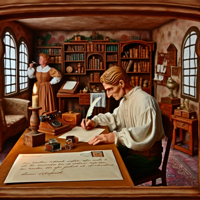 Gedetailleerde vintage studeerkamer waar iemand een brief schrijft met een ganzenveer, gericht aan een specifieke bestemming zoals een directeur of vrijwilligers, met een verzegelde envelop en nostalgische sfeer
