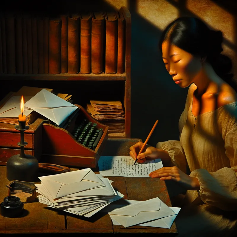 Een persoon die gefocust een brief schrijft op een houten bureau in een sfeervolle kamer, met kaarslicht en boeken op de achtergrond