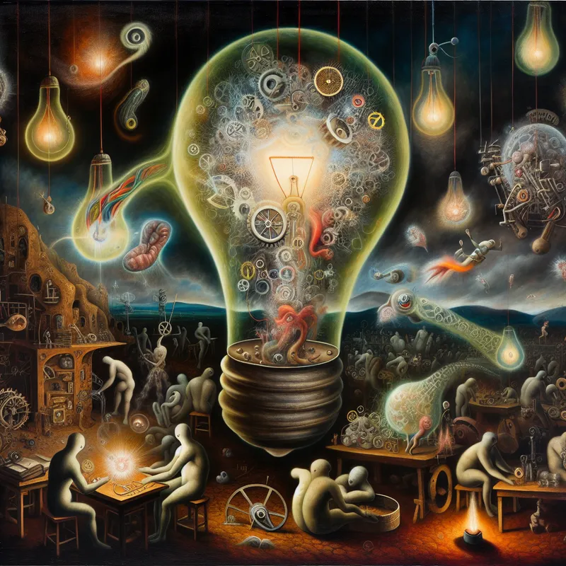 Surrealistisch uitvindingenatelier in de stijl van Hieronymus Bosch met een levende gloeilamp vol ideeën en mechanische wezens die geniale uitvindingen bouwen