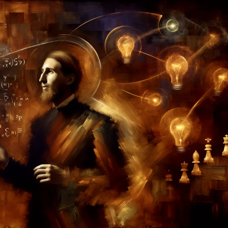 Denkende figuur in een Rembrandt-stijl met zwevende symbolen van intelligentie zoals vergelijkingen, schaakstukken en gloeiende lampen in een verlichte studeerkamer