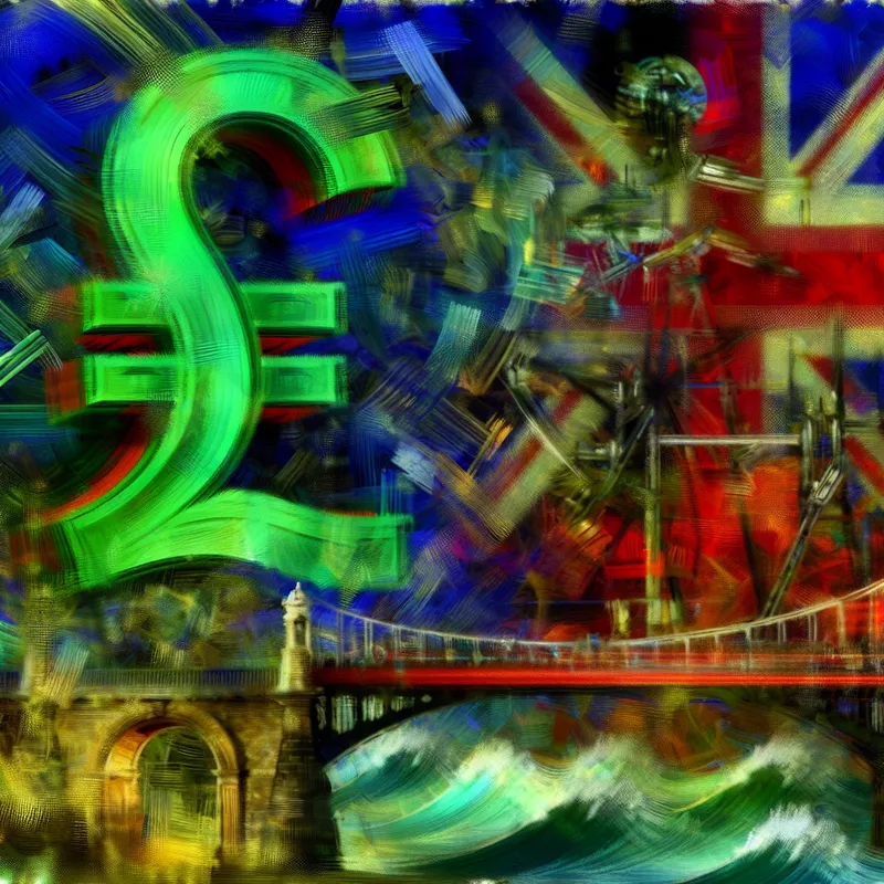 Abstract expressionistisch schilderij van het Britse pond (£) met Londense bezienswaardigheden en wisselkoersenergie, stijl van Willem de Kooning