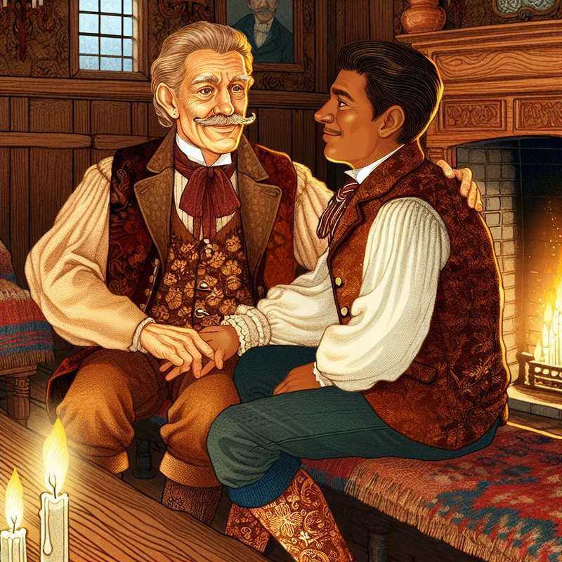 Twee mannen in traditionele kleding, staand in een nostalgisch interieur, symboliserend broederlijke verbondenheid in een formele of bijbelse context