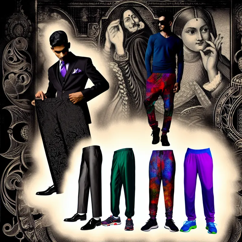 Mysterieuze mode-scenario met verschillende soorten broeken voor mannen, vrouwen en kinderen