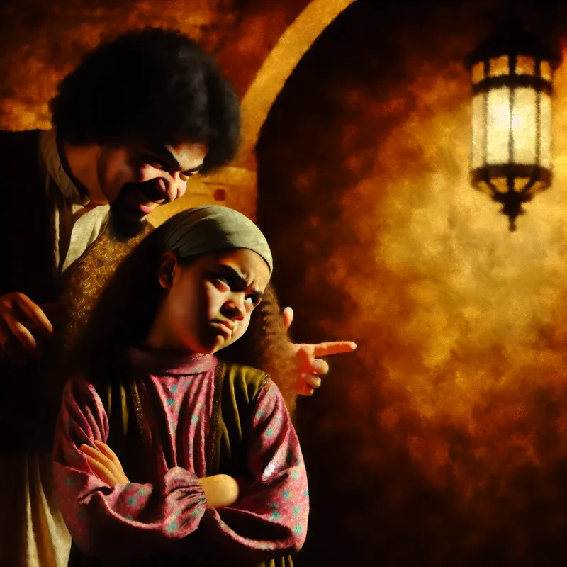 Boodschap van een broer die zijn jongere zus op speelse wijze plaagt in een schemerige kamer.