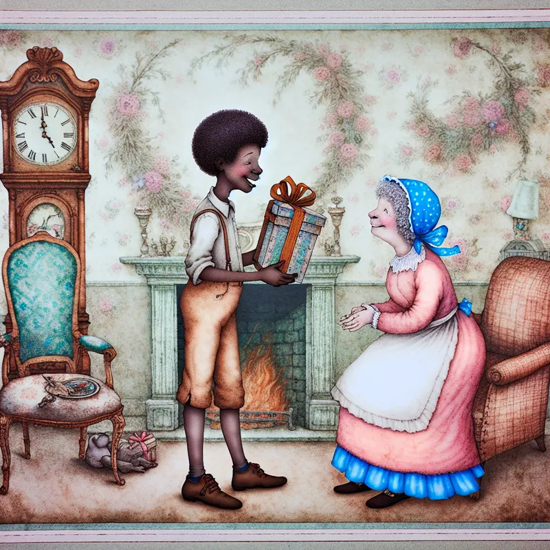 Een broer ontvangt een hartverwarmend cadeau in een nostalgische, sprookjesachtige interieur, wat hun hechte relatie symboliseert.