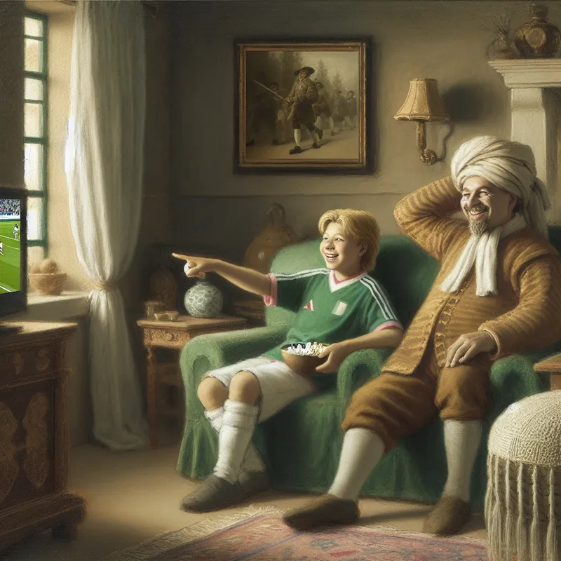 Twee broers ervaren een gezellige moment samen in een woonkamer terwijl ze naar een voetbalwedstrijd kijken.