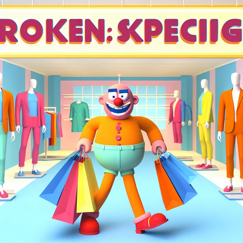 Een kleurrijke scène in een modewinkel met een groot bord 'Brokenspecial: Korting!' en cartoonachtige poppen.