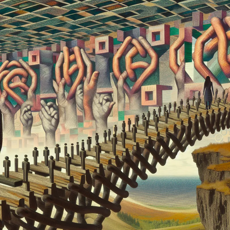 Surrealistische brug van verstrengelde handen in M.C. Escher-stijl, symboliserend vertrouwen en betrouwbaarheid met geometrische patronen en optische illusies