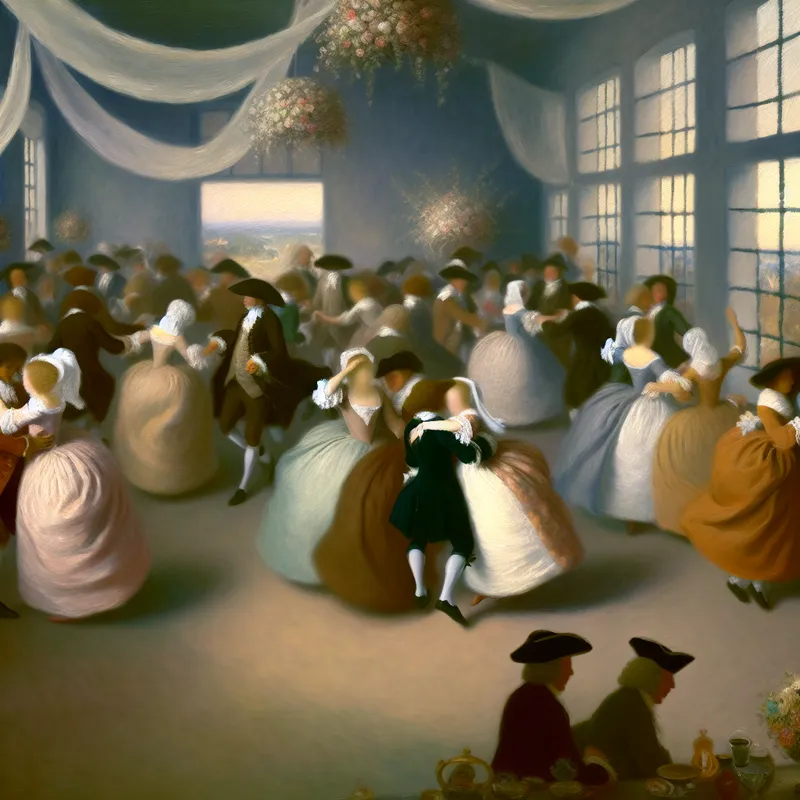 Een groep gasten danst samen op een bruiloft, gekleed in 17de-eeuwse historische kleding.