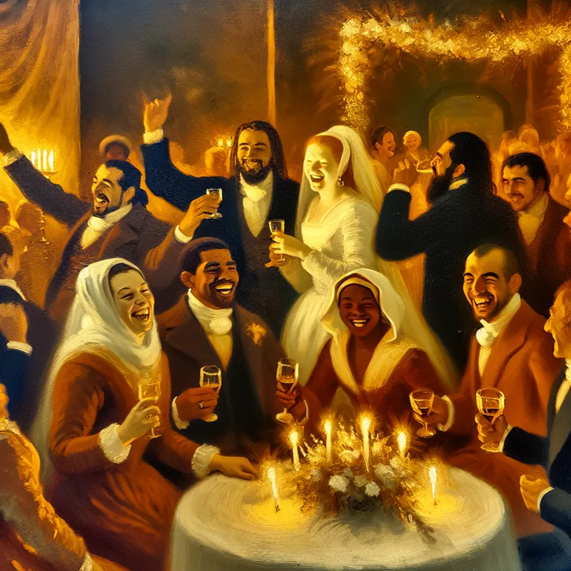 Een warme en uitnodigende bruiloftsscène met diverse gasten die met elkaar mingelen en vieren.