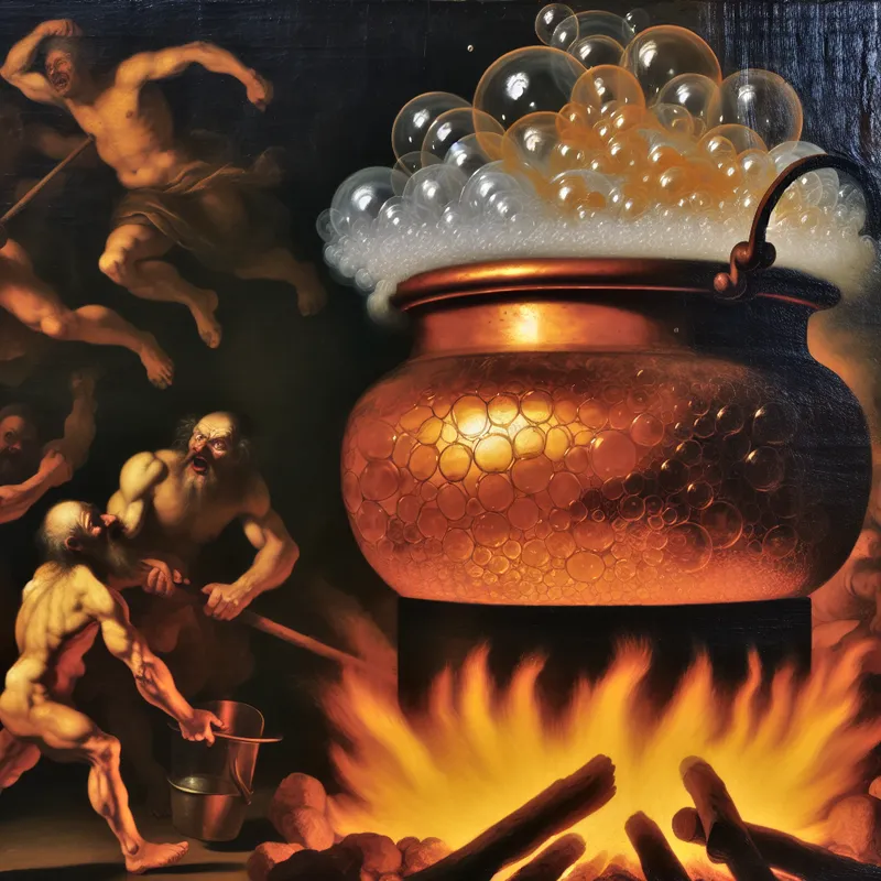 Barokke keukenscène met een grote koperen pot die dreigt over te koken op een vuur, stoom en grote bellen vormen zich aan het oppervlak