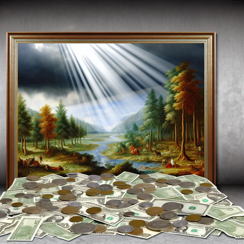 Dramatisch landschap met kleurrijke schilderijlijst van geld, symboliseert budgettaire beperkingen