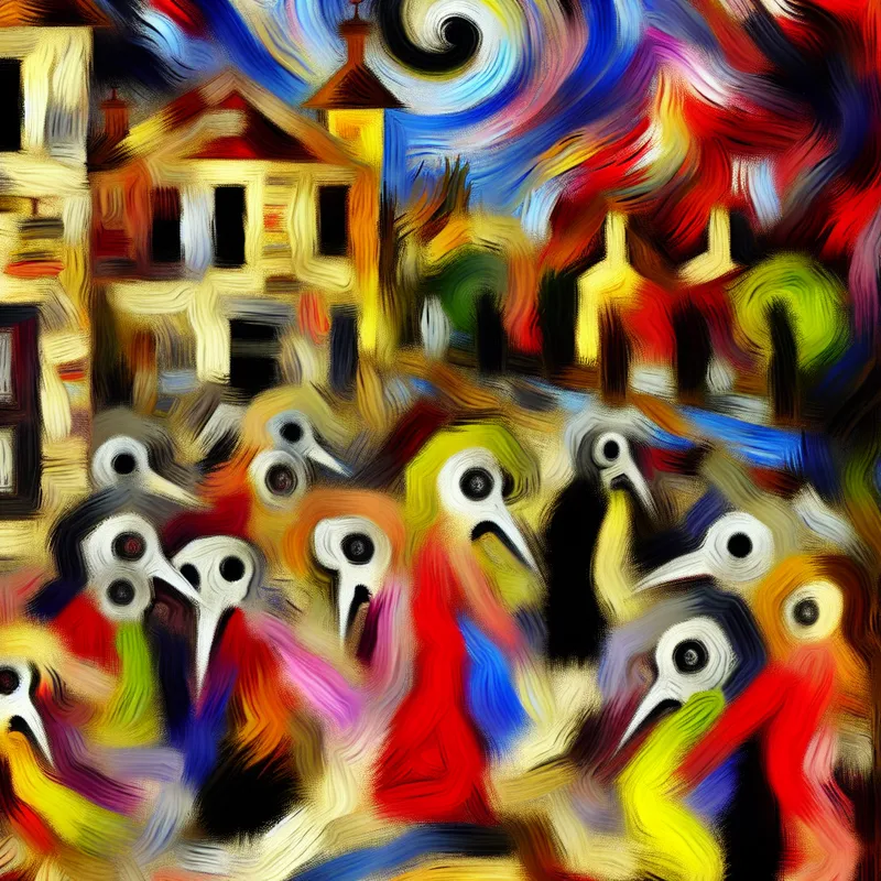 Abstracte voorstelling van een middeleeuwse stad geteisterd door de builenpest, met uitgemergelde figuren en ratten in chaotische, expressieve penseelstreken