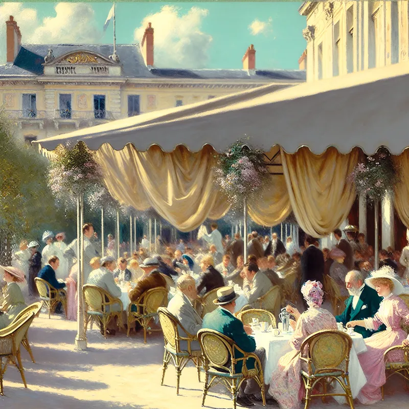 Een elegant terras van een buiten café met gasten die koffie genieten en in gesprek zijn.