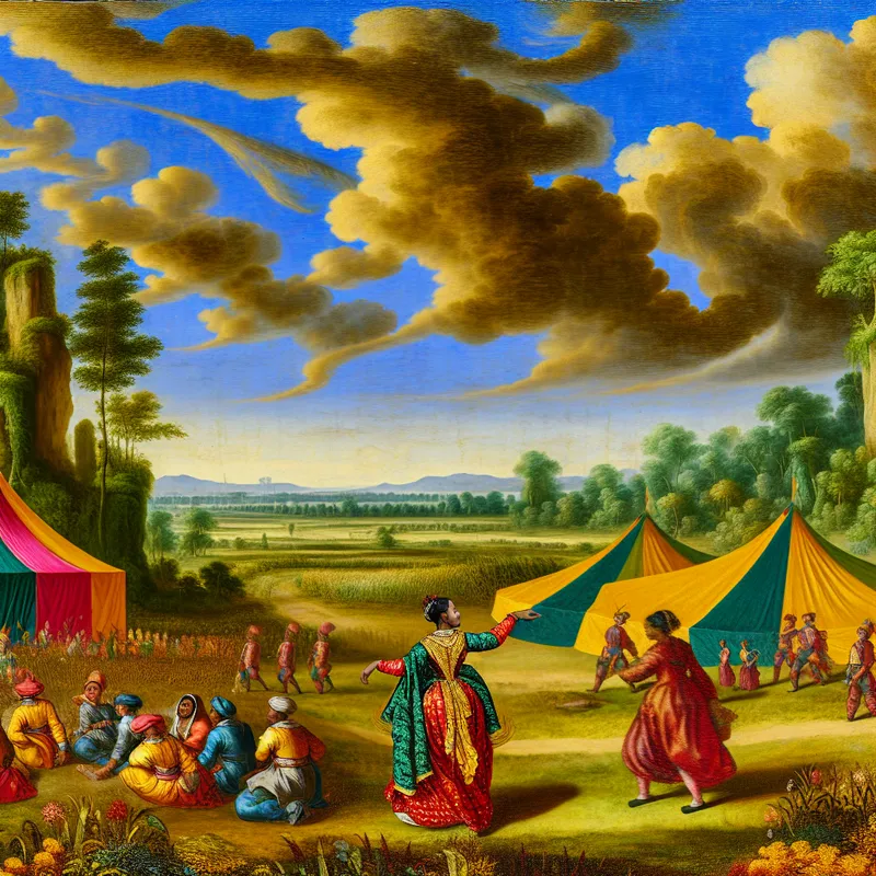 Een enthousiaste vrouw die een team aanstuurt bij het opzetten van een groot buiten evenement met kleurrijke tenten.