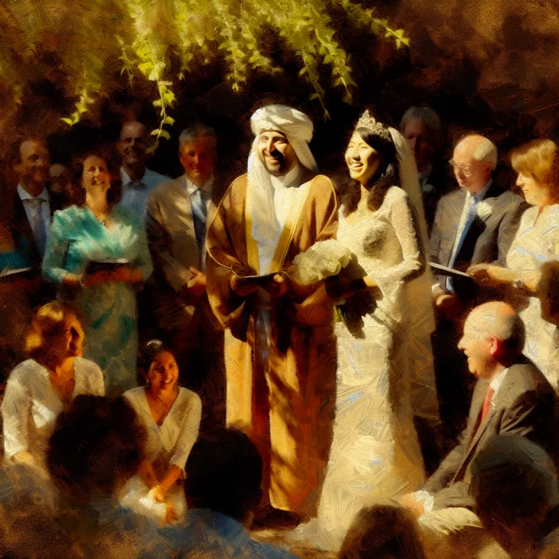 Een trouwceremonie in de buitenlucht met een gelukkige bruid en bruidegom onder een altaar, omringd door blije vrienden en familie.