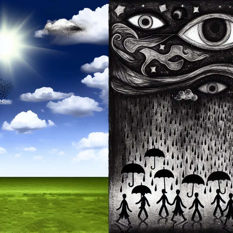 Een buitenaards landschap met een felle zon aan de ene kant en een regenstorm met donkere wolken aan de andere kant, met surrealistische elementen zoals drijvende paraplu's en dansende schaduwen.