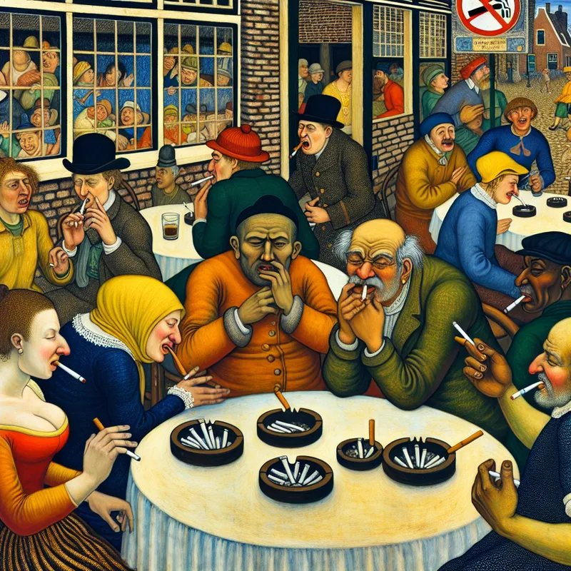 Buitencafé in Nederland met mensen die minder roken, rookverbodsignaal in de achtergrond.