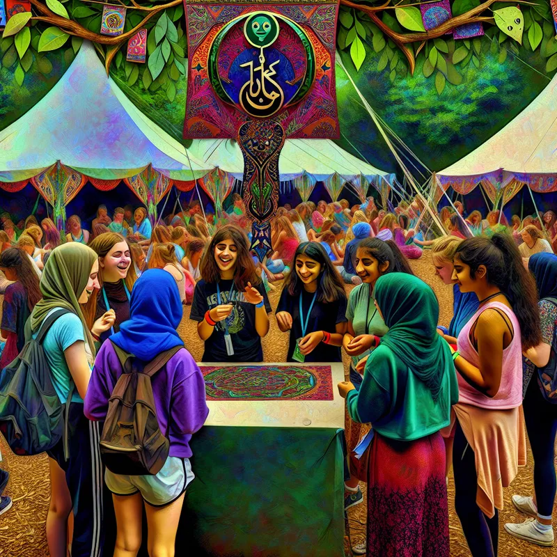 Een levendig buitenevenement van JUNGEN, met tieners die deelnemen aan gezondheids- en welzijnsactiviteiten.