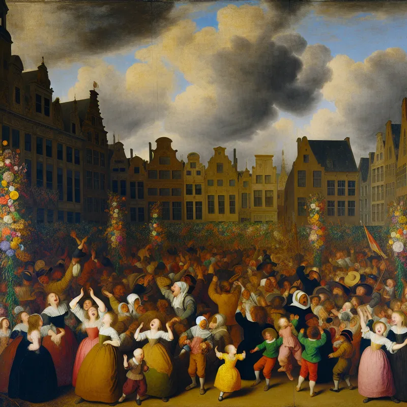 Buitenevenement op een levendig plein met blije mensen van alle leeftijden die zingen, dansen en genieten van kleurrijke versieringen.