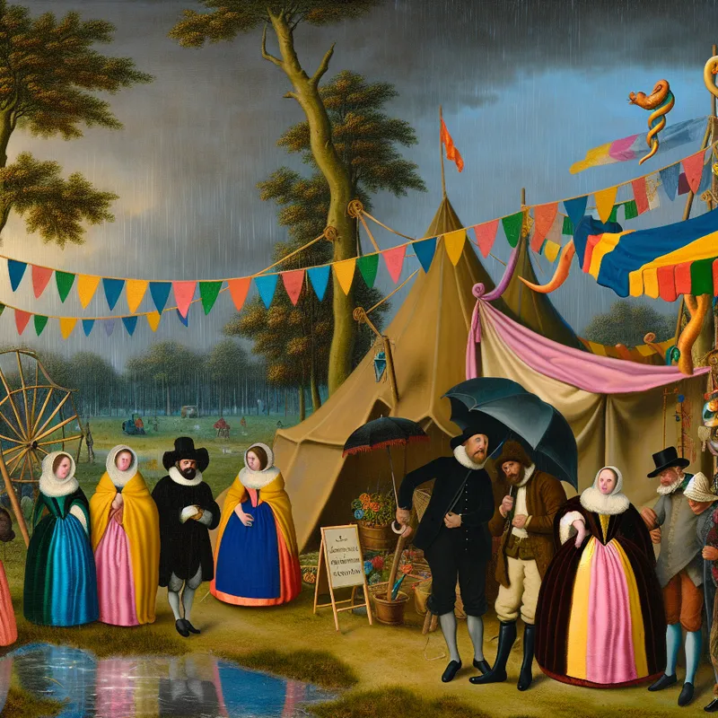 Een buitenfestival in de regen met vintage geklede mensen en gekleurde versieringen.