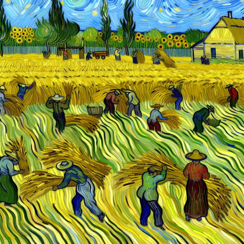 Een levendige agrarische scène met boeren die gelukkig goudkleurige granen verzamelen onder een heldere blauwe lucht, omringd door bloeiende zonnebloemen.