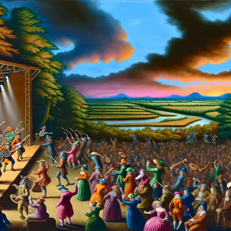 Een levendig concert buiten met een energieke menigte die geniet van een muzikale optreden onder een kleurrijke zonsondergang.