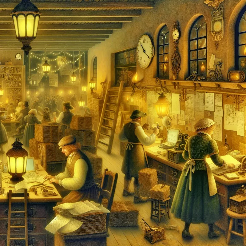 Nostalgisch nachtelijk kantoor of atelier met ijverige medewerkers in oude stijl, verlicht door lantaarns en bureaulampen, met stapels papier en klokken die late uren aangeven