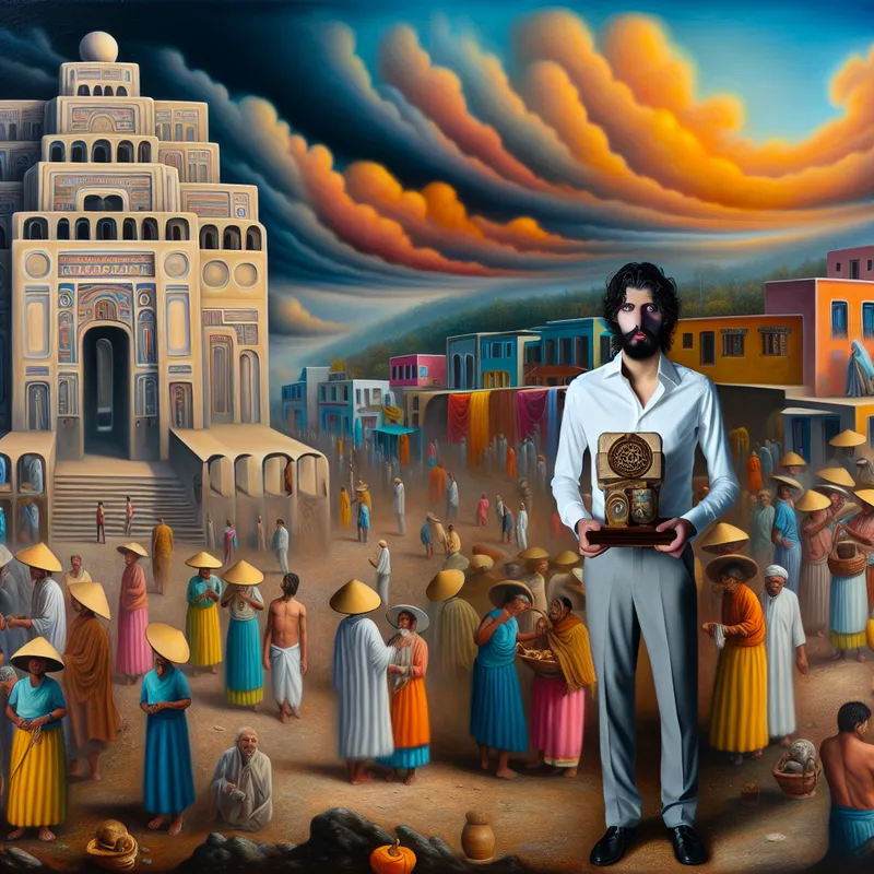 Een buitenlander in moderne kleding staat voor een imposant architecturaal monument in een drukke, traditionele dorpsomgeving, terwijl hij een uniek cultureel artefact vasthoudt.