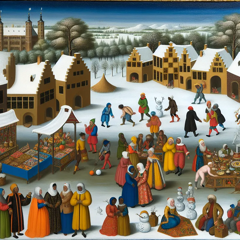 Een levendige winterse scène van een drukke buitensoorse markt met kleurrijke kraampjes, mensen in traditionele kleding en sneeuwbedekte daken.