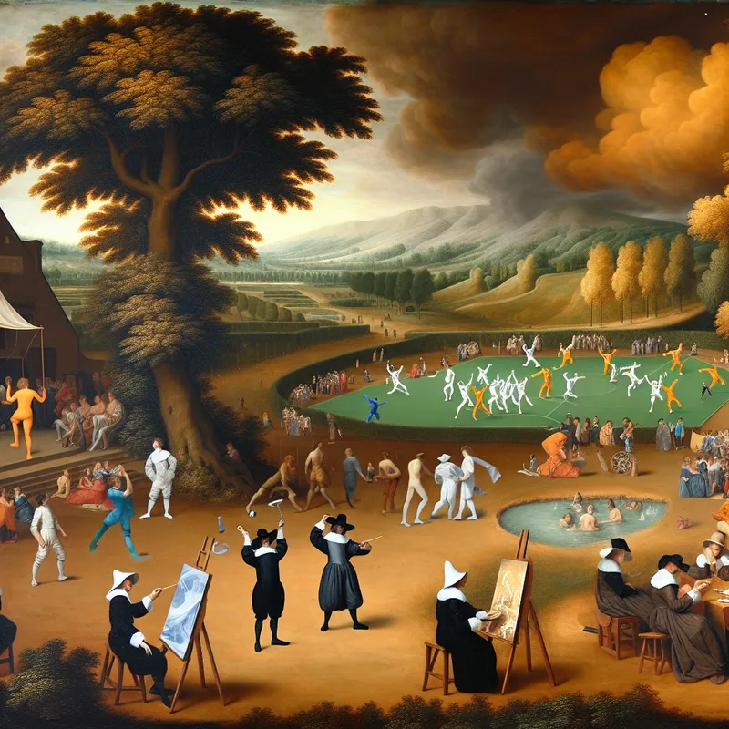 17e-eeuws Nederlands landschap met levendige schoolcourtyard waar leerlingen deelnemen aan diverse buitenschoolse activiteiten zoals voetbal, schilderen, muziek en toneel