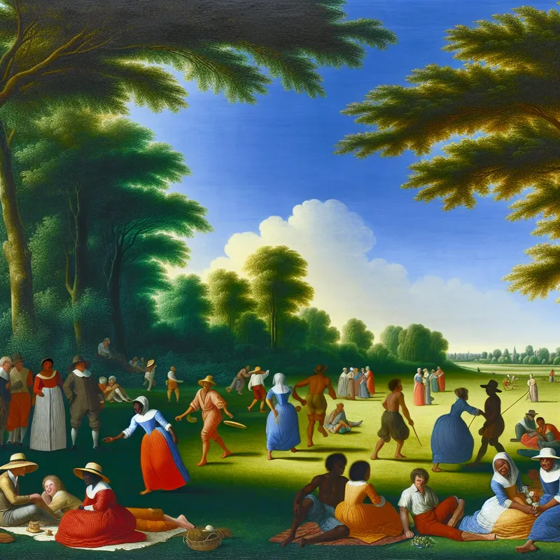 Groep mensen geniet van een zonnige dag buiten met activiteiten zoals picknicken en frisbee spelen in een groene omgeving.