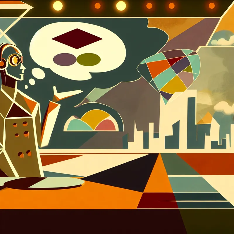 Illustratie van een persoon die botte nieuws verkondigt in een retro-futuristische setting met geometrische vormen.