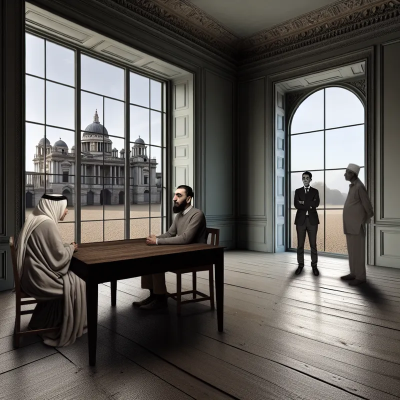 Hyperrealistische scène met drie mensen in een monumentale ruimte