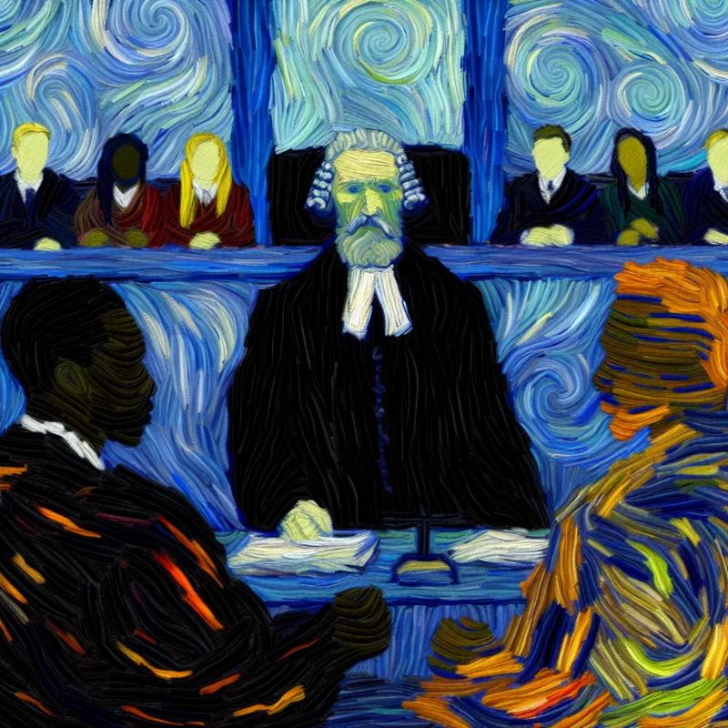 Een schilderij in de stijl van Vincent van Gogh toont een rechtbankscène met een wijze rechter in het midden, geflankeerd door twee ruziënde partijen.