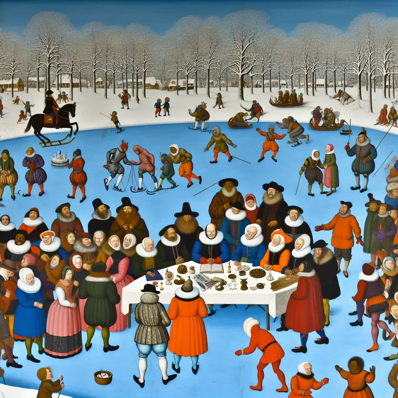 Groep mensen rond een buitentafeltje op bevroren meer in winterlandschap, Hendrick Avercamp geïnspireerd.