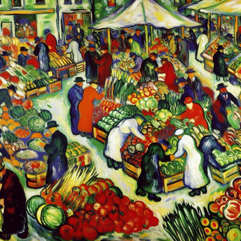 Abstracte voorstelling van een drukke buitentuinmarkt met een overvloed aan verse groenten en fruit.