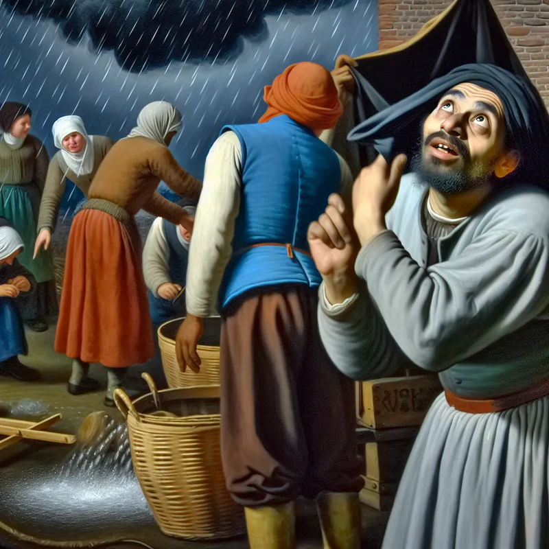 Groep buitenwerkers stopt met hun werk door onverwachte regen; een man kijkt verrast naar de lucht terwijl hij zijn gezicht beschermt.