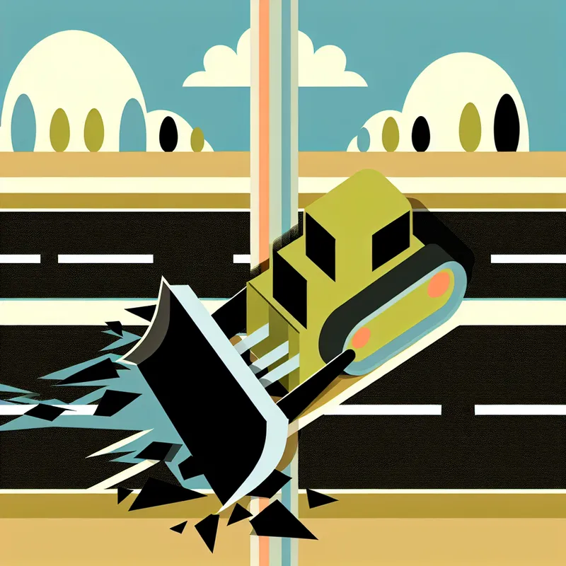 Een minimalistische afbeelding van een bulldozer die een weg openbreekt, met een simpel landschap op de achtergrond.