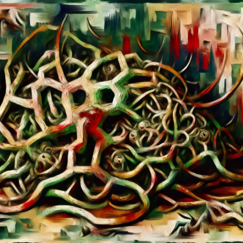 Surrealistisch abstract expressionistisch kunstwerk dat een chaotisch bureaucratisch systeem voorstelt als een ziekelijke, virale entiteit met verwrongen vormen en felle kleuren