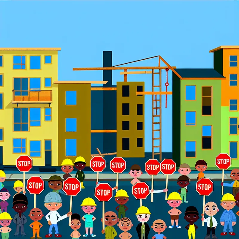 Eenvoudige cartoonburen met stopborden die bouwwerk blokkeren in minimalistische stijl van Dick Bruna