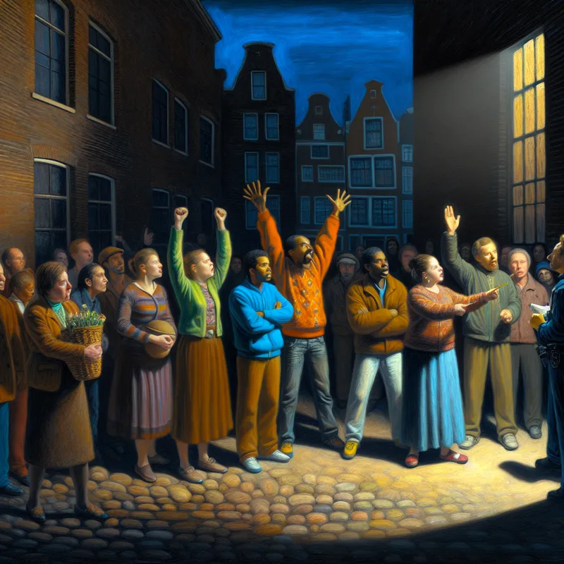 Een groep vastberaden burgers die in een slecht verlichte straat staat, terwijl ze een serieuze politieagent toespreken en hun eis voor betere wegen kenbaar maken.