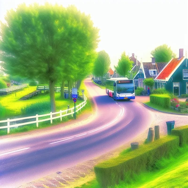 Een bus maakt een onverwachte afslag op een rustige straat in een kleine Nederlandse stad, omringd door charmante huizen en bomen.