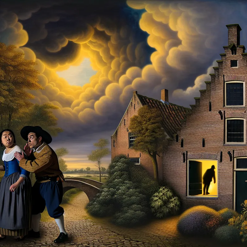 17e-eeuws Nederlands landschap met een buurman die discreet informatie deelt met een politieagent bij een huis na een inbraak