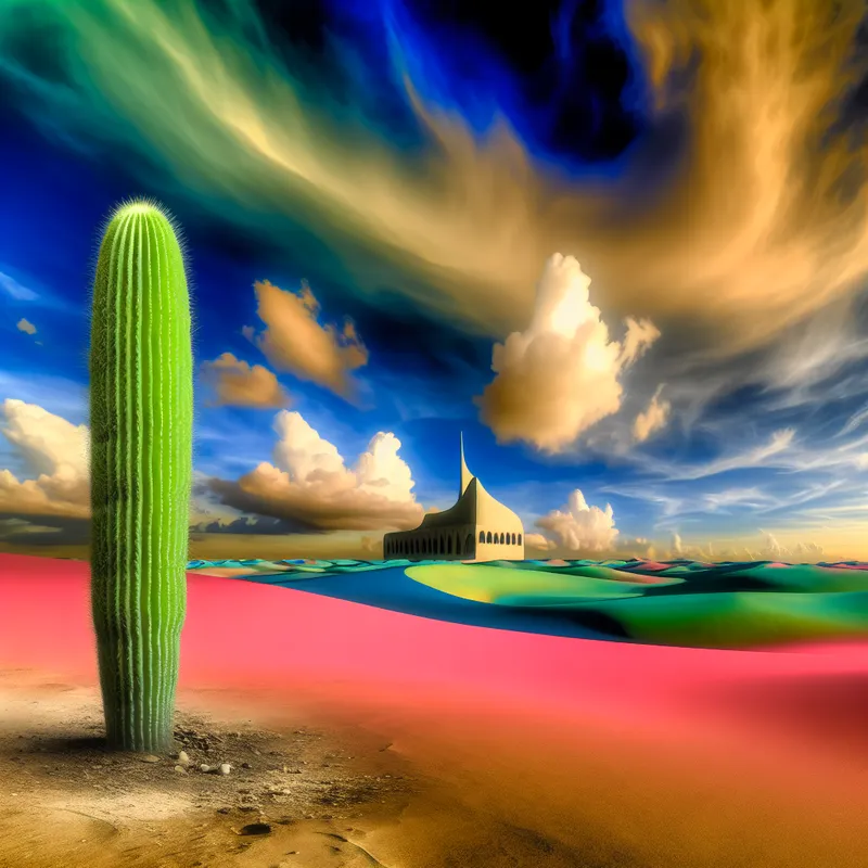 Hyper-realistisch beeld van een eenzame cactus in een surrealistisch woestijnlandschap met kleurrijke lucht.