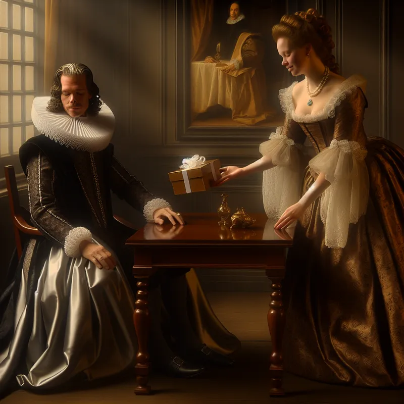 17e-eeuwse Nederlandse interieurscène met een man die een cadeau in ontvangst neemt van een vrouw, elegante kleding en verfijnde details
