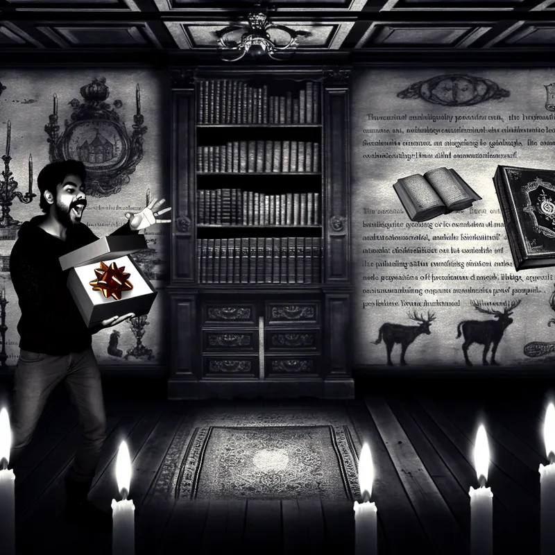 Persoon opent een prachtig ingepakt cadeau in een gotische bibliotheek met hoge boekenkasten, met kaarslicht dat dramatische schaduwen werpt.