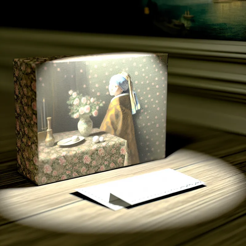 Een mooi georganiseerde cadeaubox met een kaartje, elegant gepositioneerd op een houten tafel.