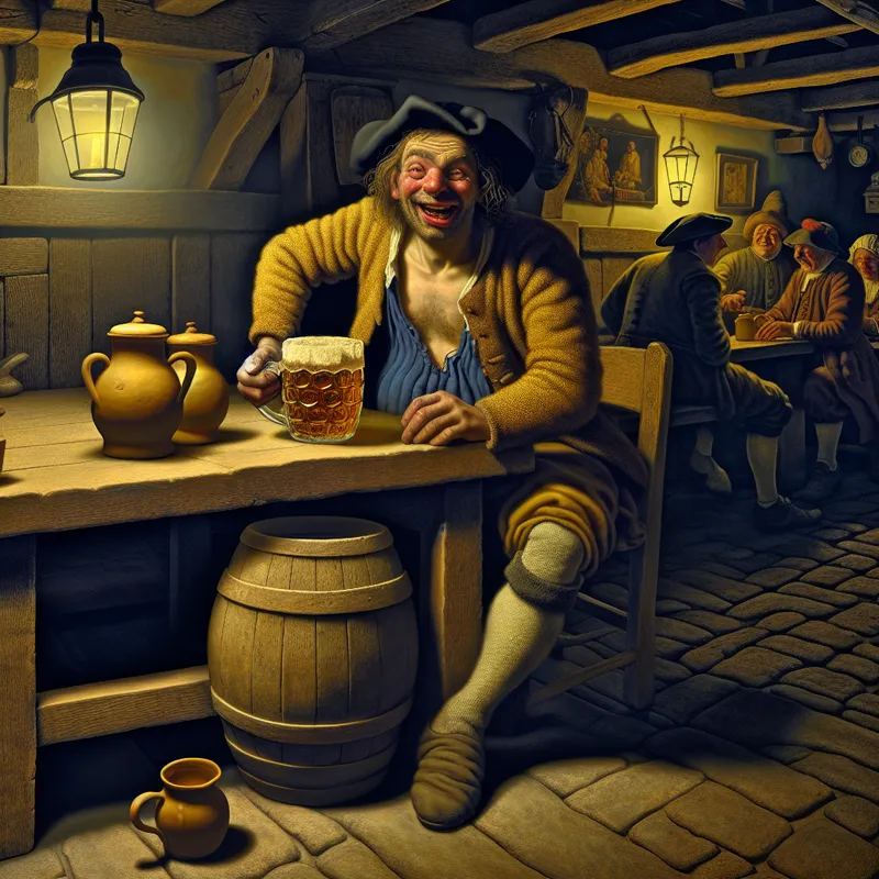 Glimlachende man in 17e-eeuwse Nederlandse kroeg met bierpul, omringd door lege glazen, humoristisch aangeduid als 'Café Alcohol Tester' (CAT)